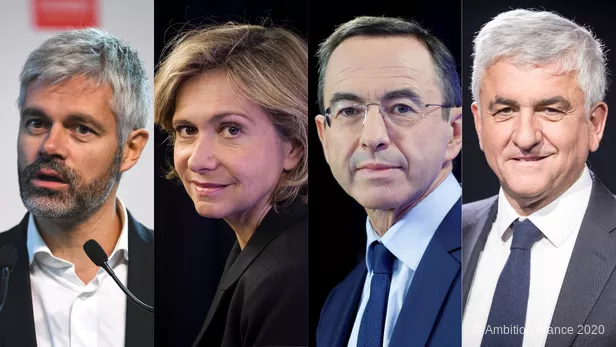 Laurent Wauquiez, Valérie Pécresse, Bruno Retailleau, et Hervé Morin. AFP / JEAN-PIERRE CLATOT / François BOUCHON / Jean-Christophe MARMARA / François BOUCHON candidats droite 2022