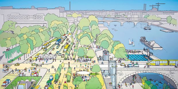 Proposition de transformation de l'autoroute A4 en 2050, au départ de Paris, en bord de Seine, par l'équipe de Rogers Stirk. (Richard Rogers)